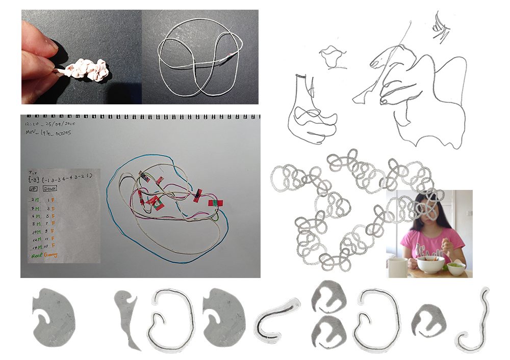 Blind-contour drawings of eating, string knot studies and a notebook page of knot notation