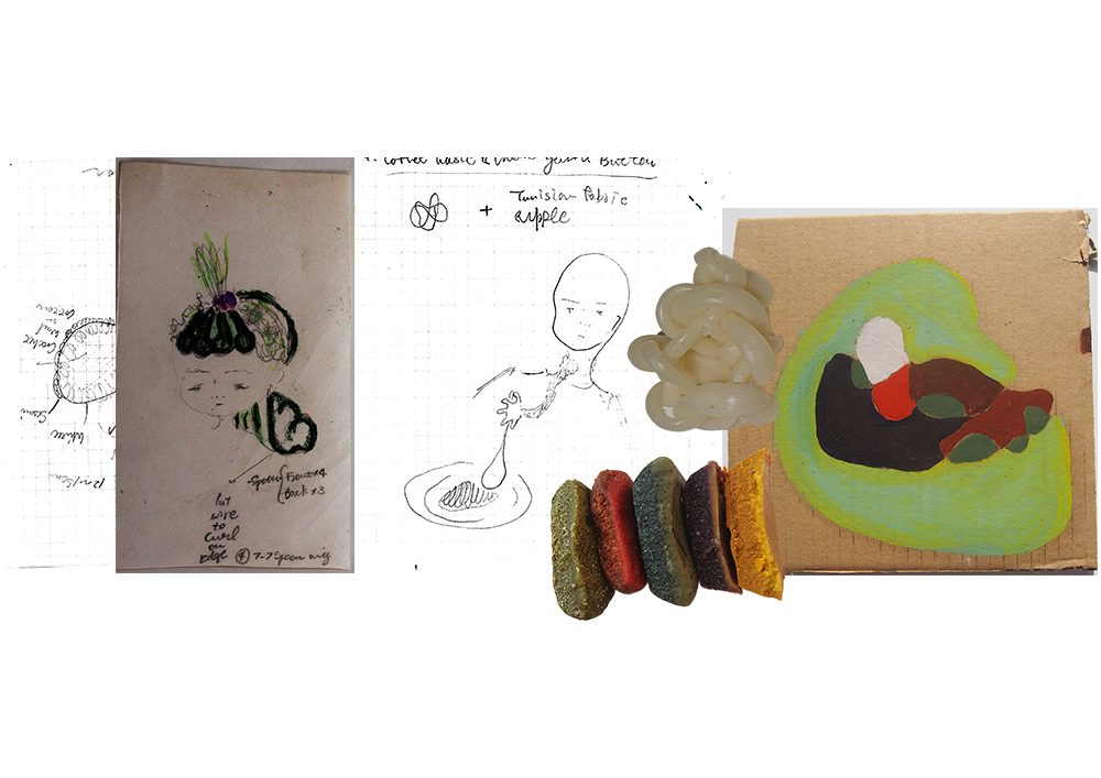 Collage of sketches, a milk protein yarn knot and colourful beeswax crayons beside a painted cardboard piece