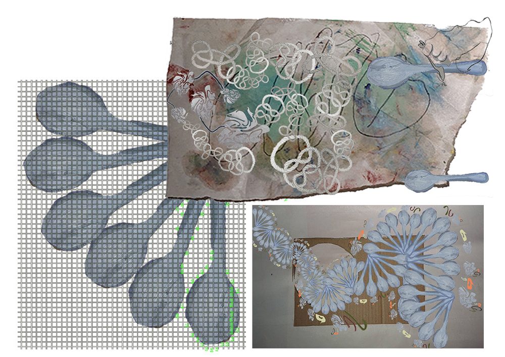 Collage of knot drawings and blue spoon illustrations on a grid