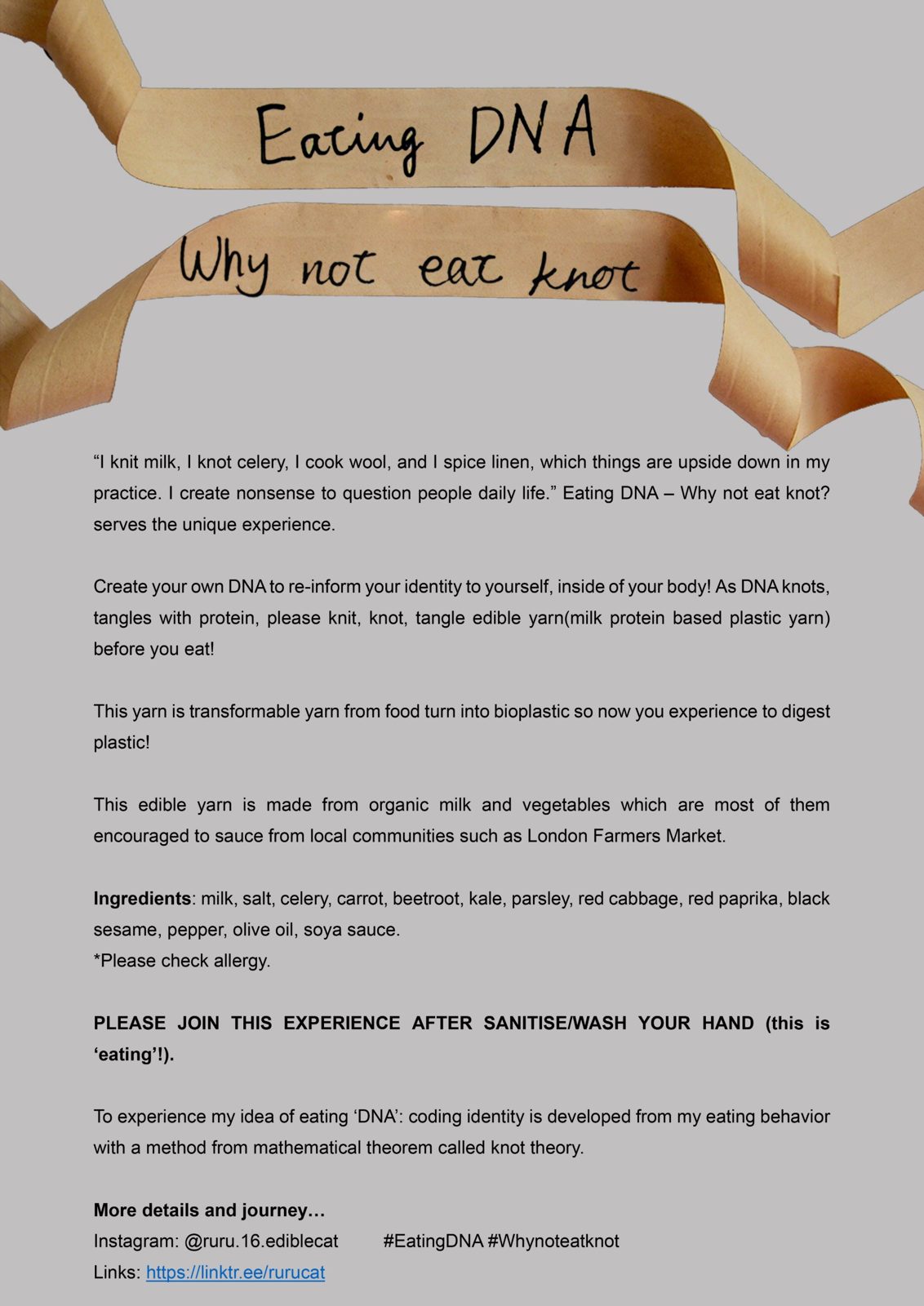 Poster: Eating DNA - Why not eat knot, with ribbon lettering and the project text