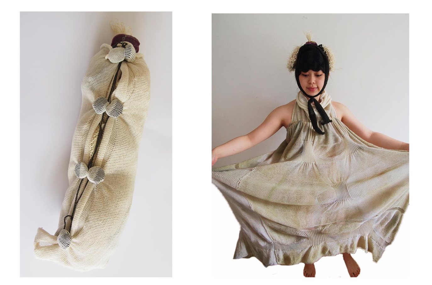 Two photos: a bundled knitted textile with knotted ties, and a woman in a cream knitted dress and hood holding out the skirt