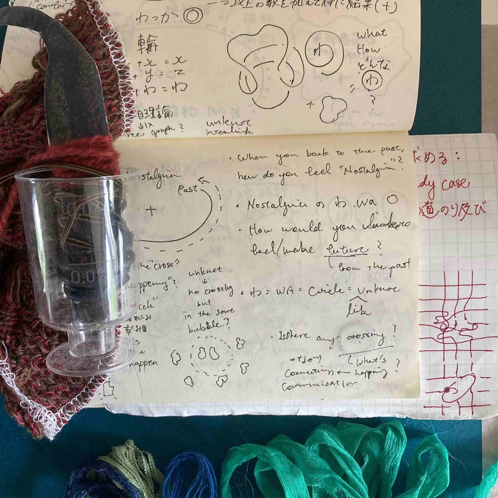 Notebook page of handwritten notes and drawings about nostalgia and wa, with a plastic cup and knitted pieces